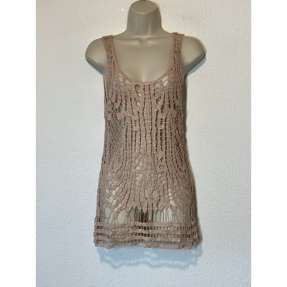 Y2K Scoop‎ Neck Crochet Pink Gold Sleeveless Top Size S Boho Fairy Festival